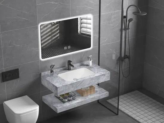Wandmontiertes Badezimmer-Waschbecken aus Marmorstein, Waschbecken, Eitelkeiten, Beleuchtungsschränke